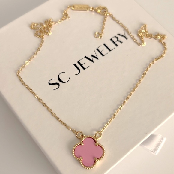 Pink Clover Necklace 14k Gold Color Chain - Picture 4 of 10